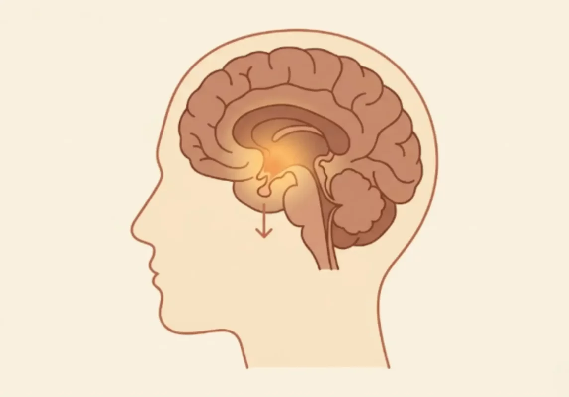 Minh họa mặt cắt não bộ cho thấy vùng dưới đồi phát sáng, phát tín hiệu truyền xuống tuyến yên