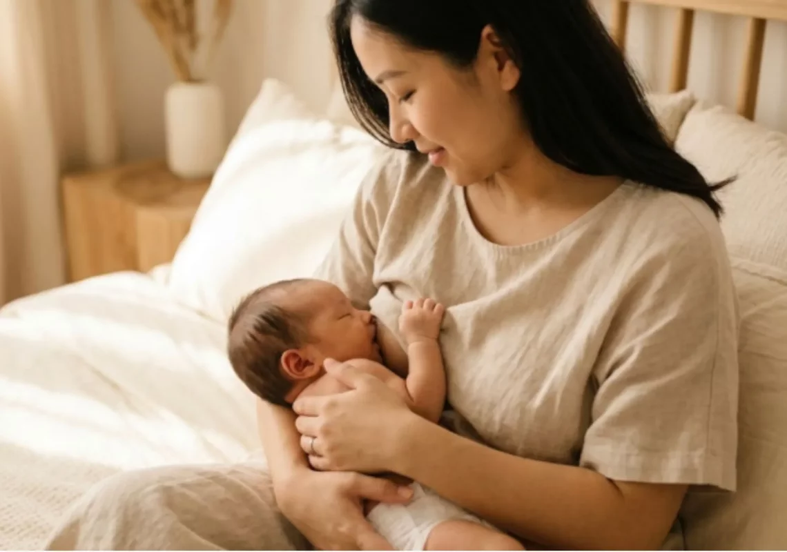 Người mẹ trẻ mỉm cười hạnh phúc đang ôm và cho em bé sơ sinh bú trong không gian phòng ngủ ấm áp