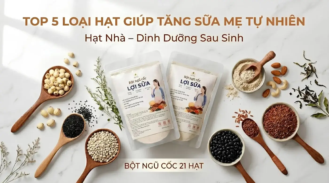 Top 5 loại hạt giúp tăng sữa mẹ tự nhiên gồm hạt sen, mè đen, ý dĩ, đậu đen và gạo lứt
