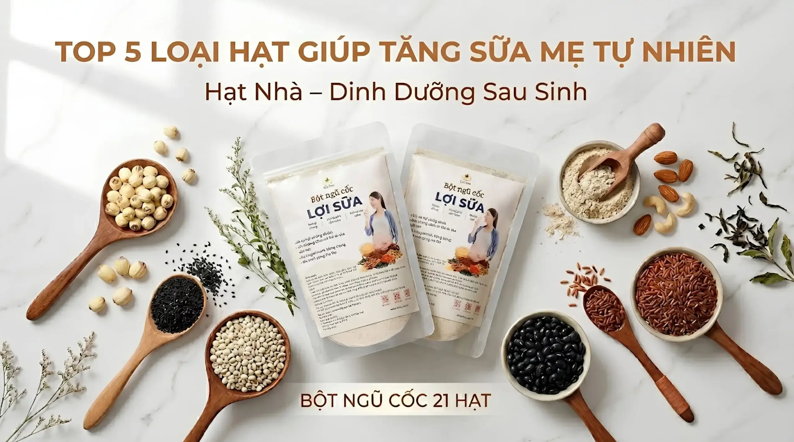 Top 5 loại hạt giúp tăng sữa mẹ tự nhiên gồm hạt sen, mè đen, ý dĩ, đậu đen và gạo lứt